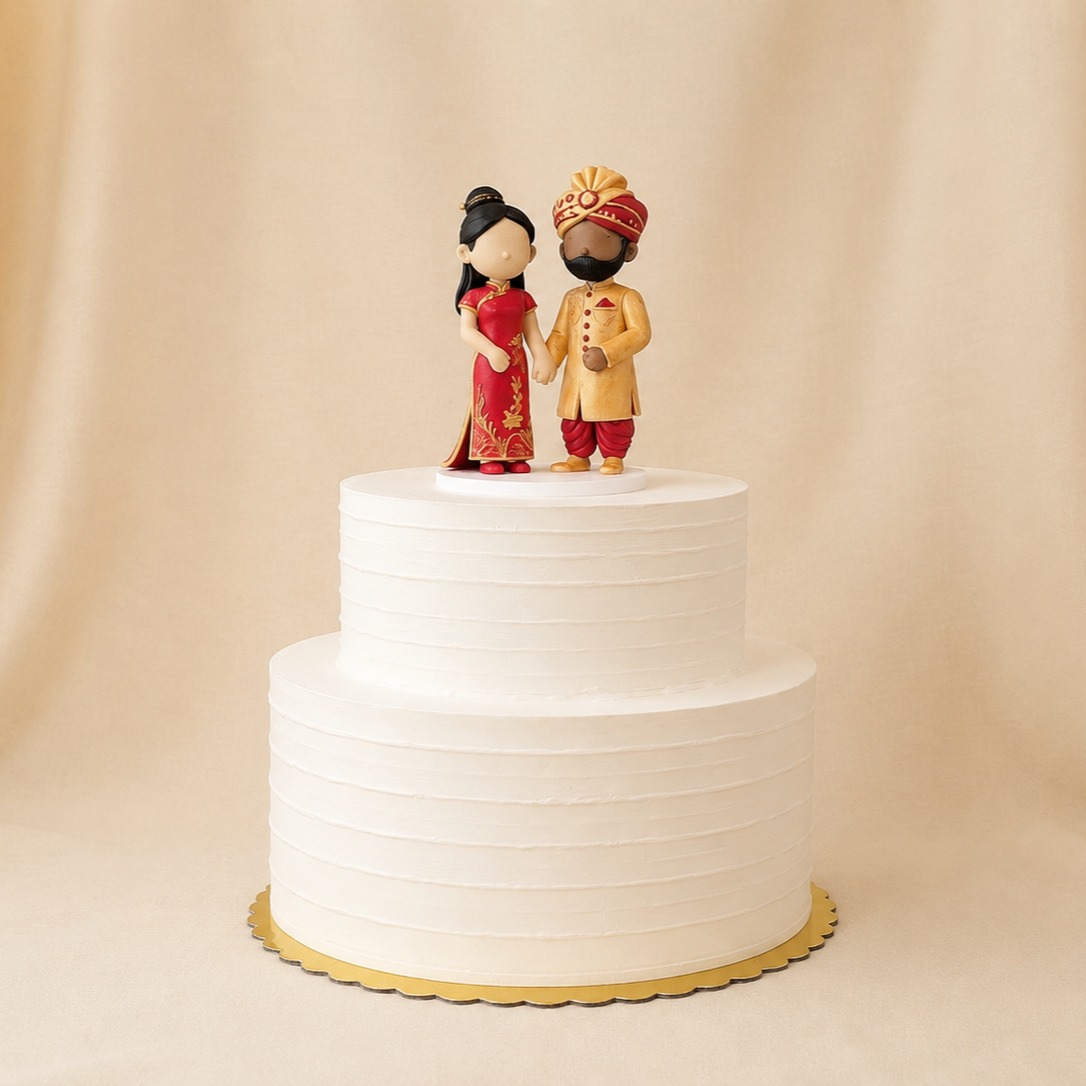 Custom 3D printed wedding cake topper of a couple in traditional cultural dress, handmade in Denton TX